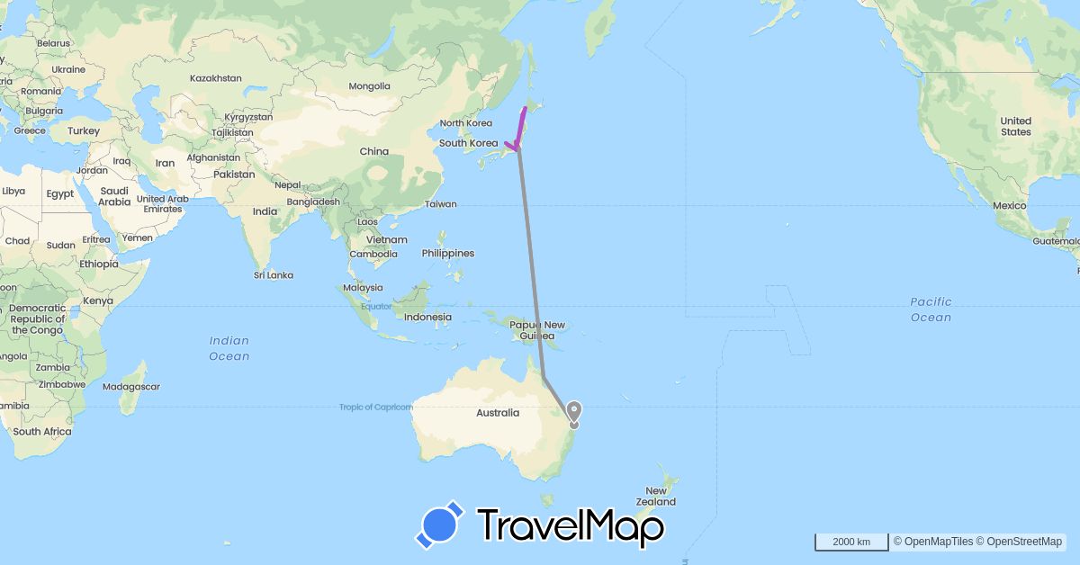 TravelMap itinerary: plane, train in Australia, Japan (Asia, Oceania)